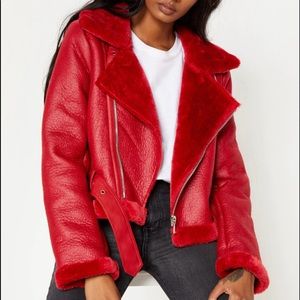 Red Cropped Contrast Red Faux Fur PU Aviator Sz 4
